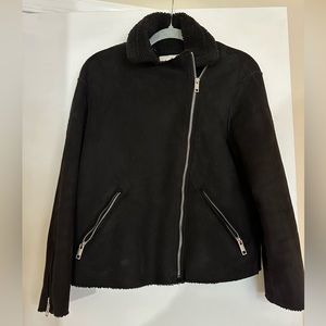 H&M black wool biker jacket with zippers, soft, size 6
